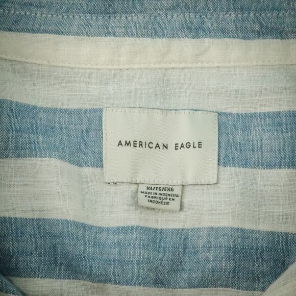 American Eagle Size XL Blue White Linen Blend Stripe Button Down Crop Top Blouse - Picture 4 of 8